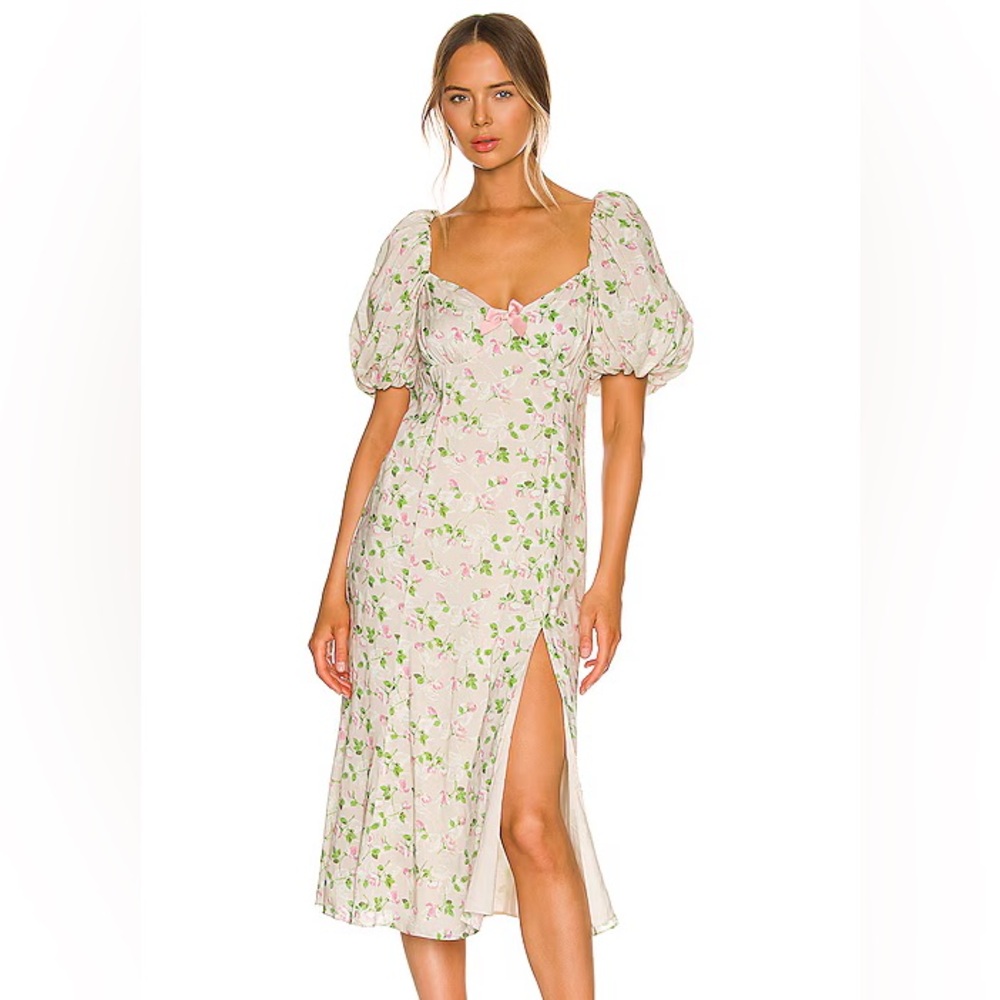 LPA Hartley Puff Sleeve Thigh Slit Midi Dress in Vanessa Floral Print S